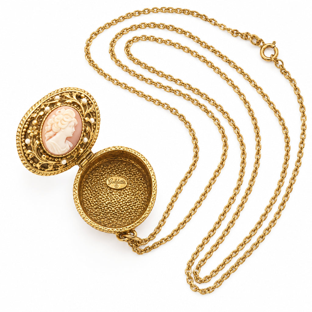 Goldette Signed Vintage Long Necklace And Shell Locket Cameo Pendant 28”