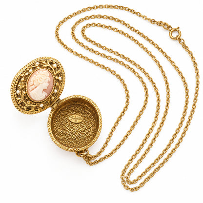Goldette Signed Vintage Long Necklace And Shell Locket Cameo Pendant 28”
