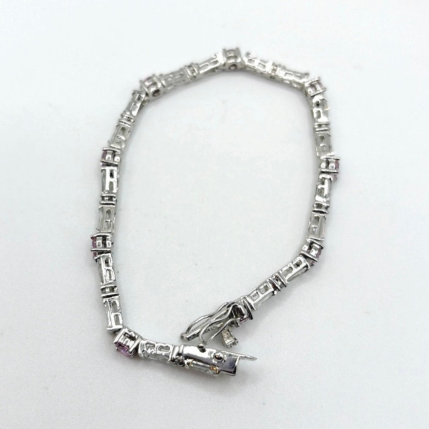 Vintage Tennis Bracelet Silver Plate Signed JDI Pink and White CZ Crystals 7"