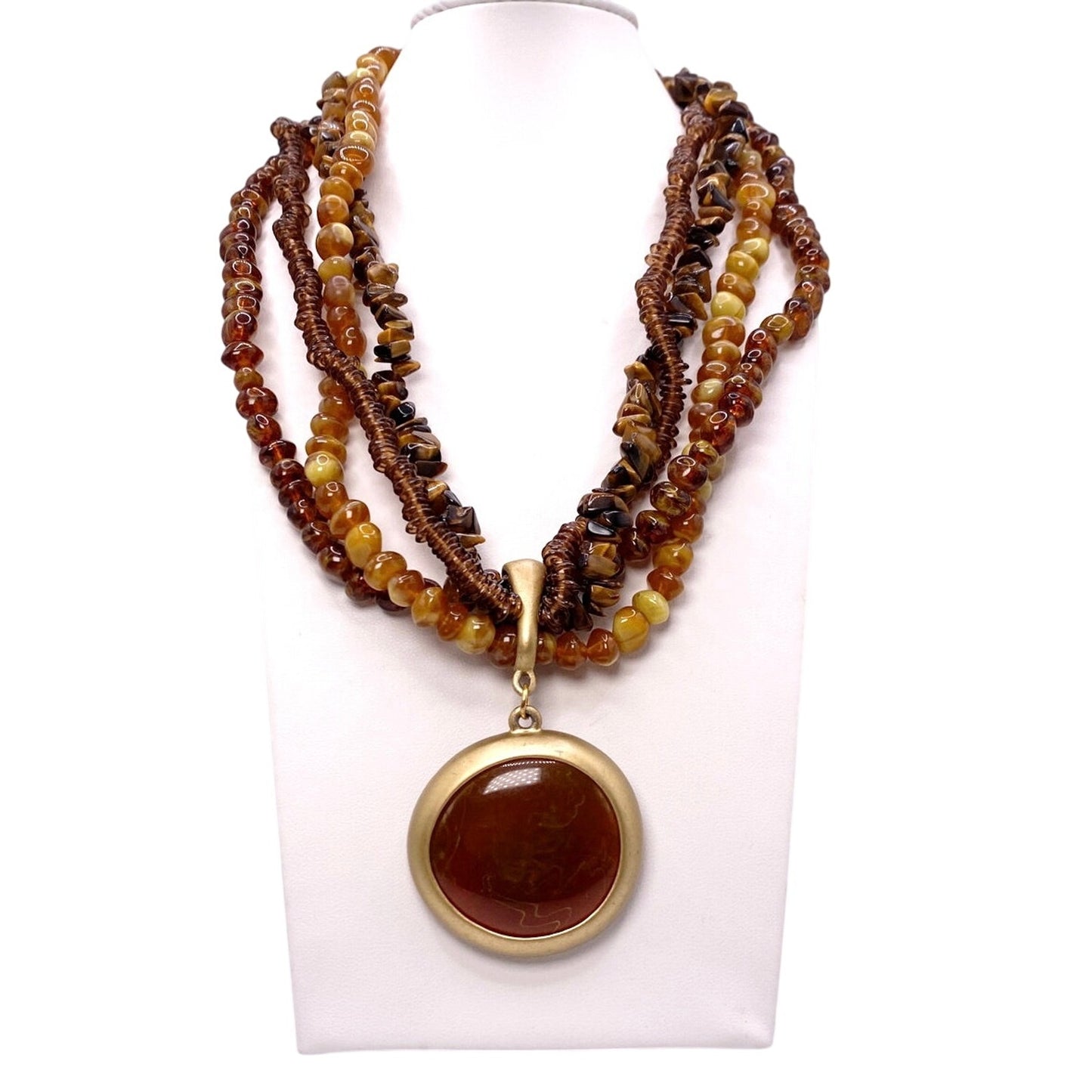 Vintage Amber Tone Lucite MultiStrand Necklace with Cabochon Pendant