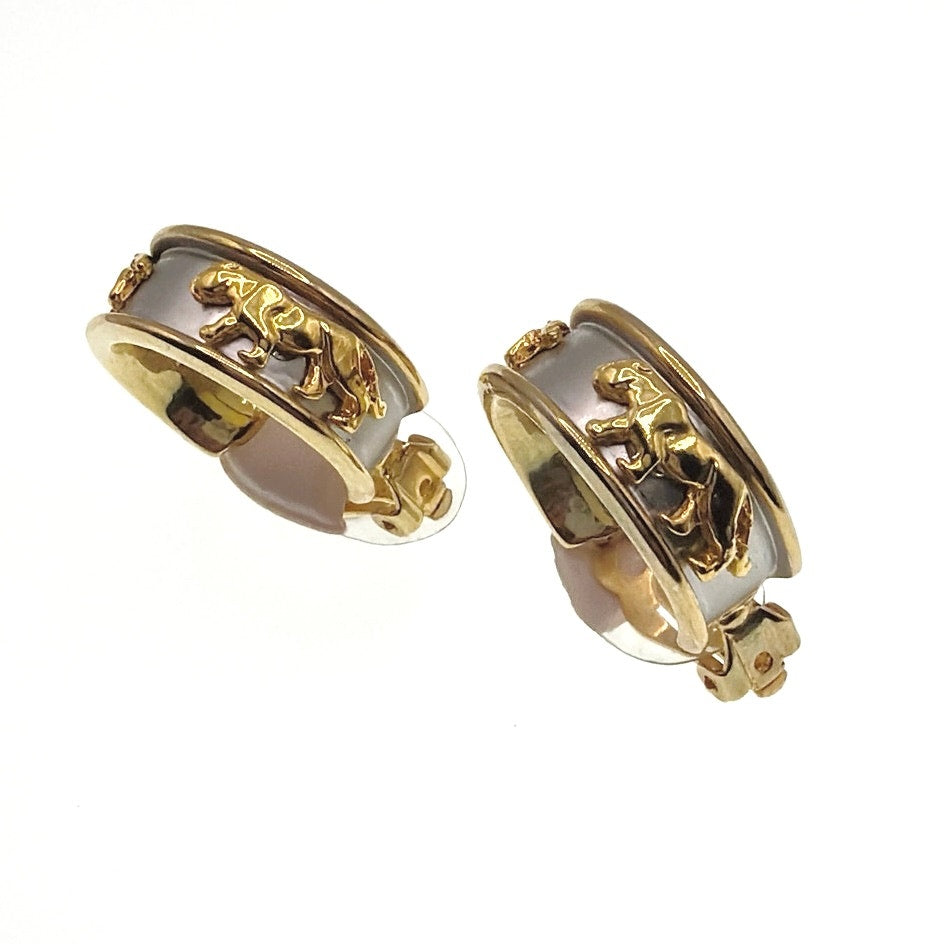 Two Tone Clip on Earrings Half Hoop With Lioness Decor
