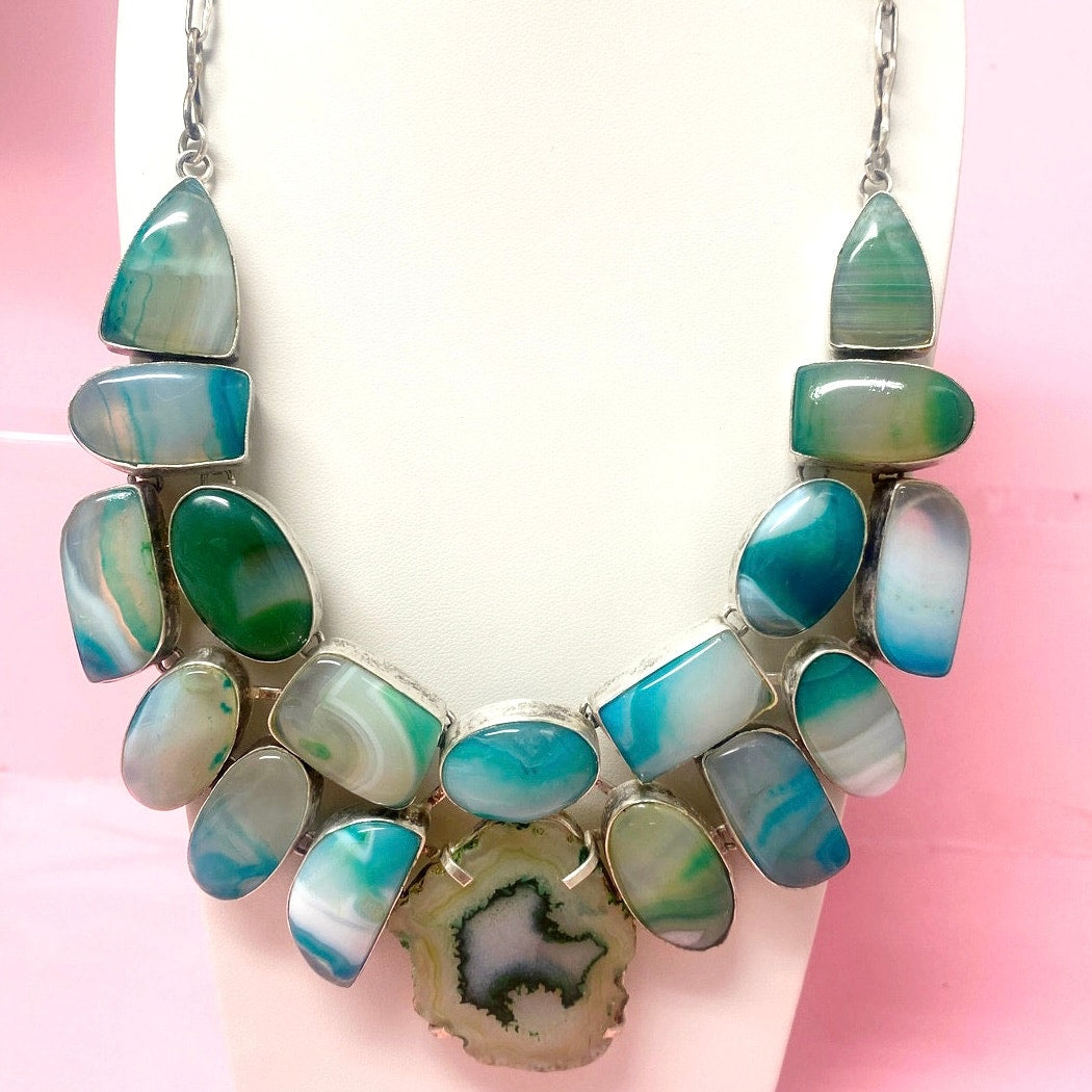 Dyed White Agate Green Tone Sterling Silver Plated Statement Necklace