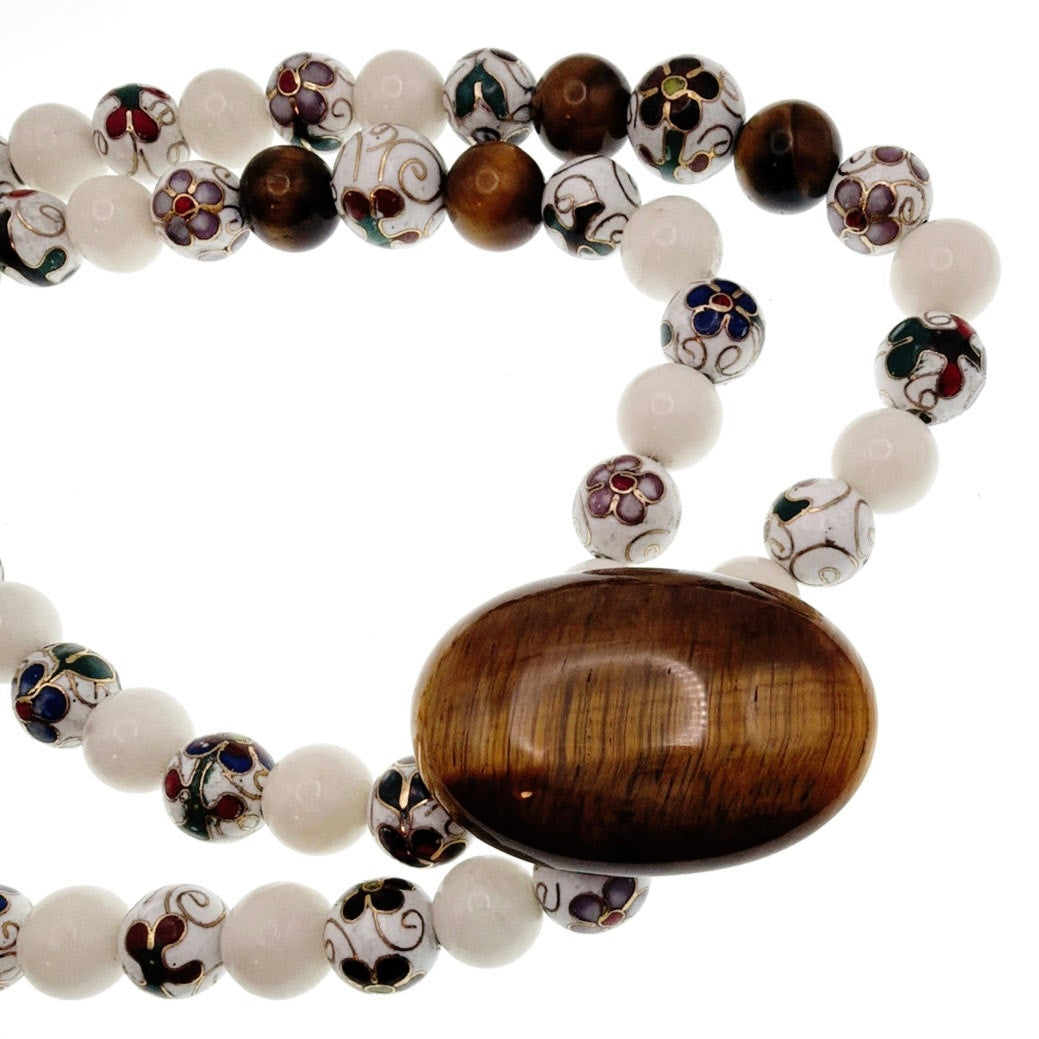 Jadeite Cloisonné and Tiger Eye Vintage Chinese Necklace 36”