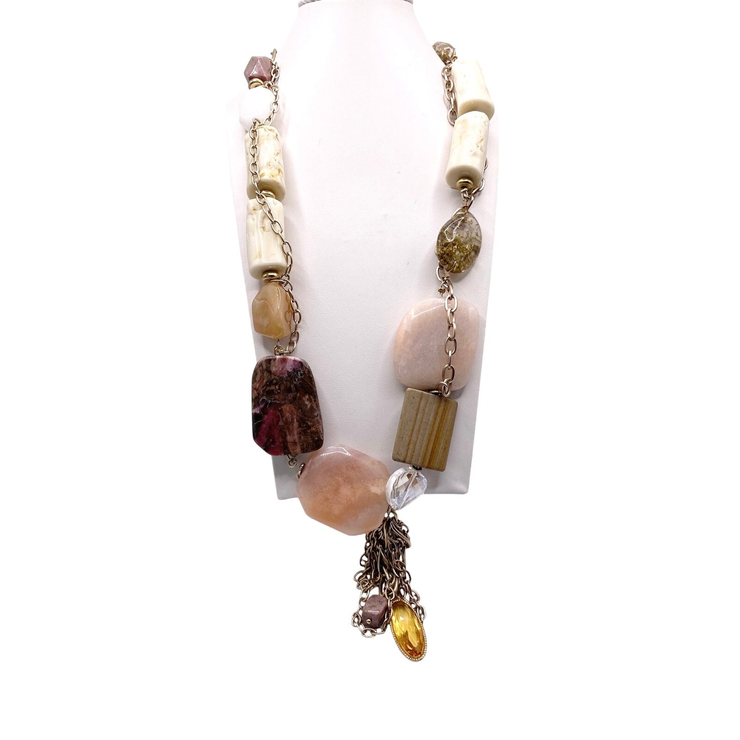 Vintage Multi Gemstones Chunky Necklace: Quartz Amber Tagua Nut and Uranium Glass Pendant 24”