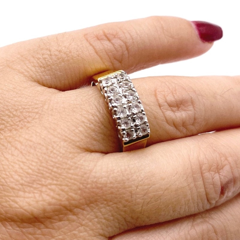 Two Tone Vintage Ring Band Gold Electroplated and CZ Crystal 7.5”