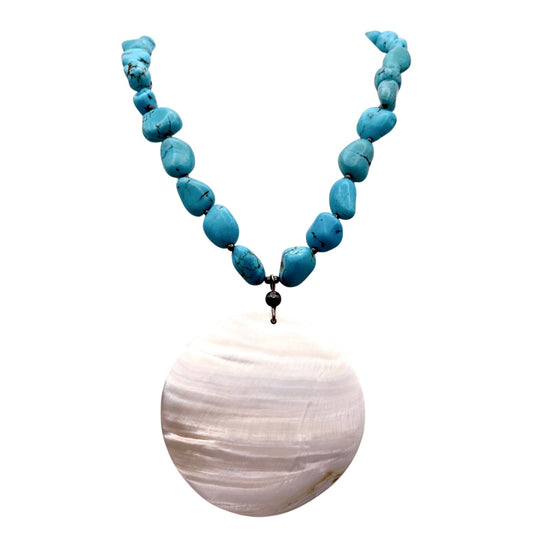 Turquoise and Sterling Silver Vintage 16" Necklace with Large Shell Pendant 2"
