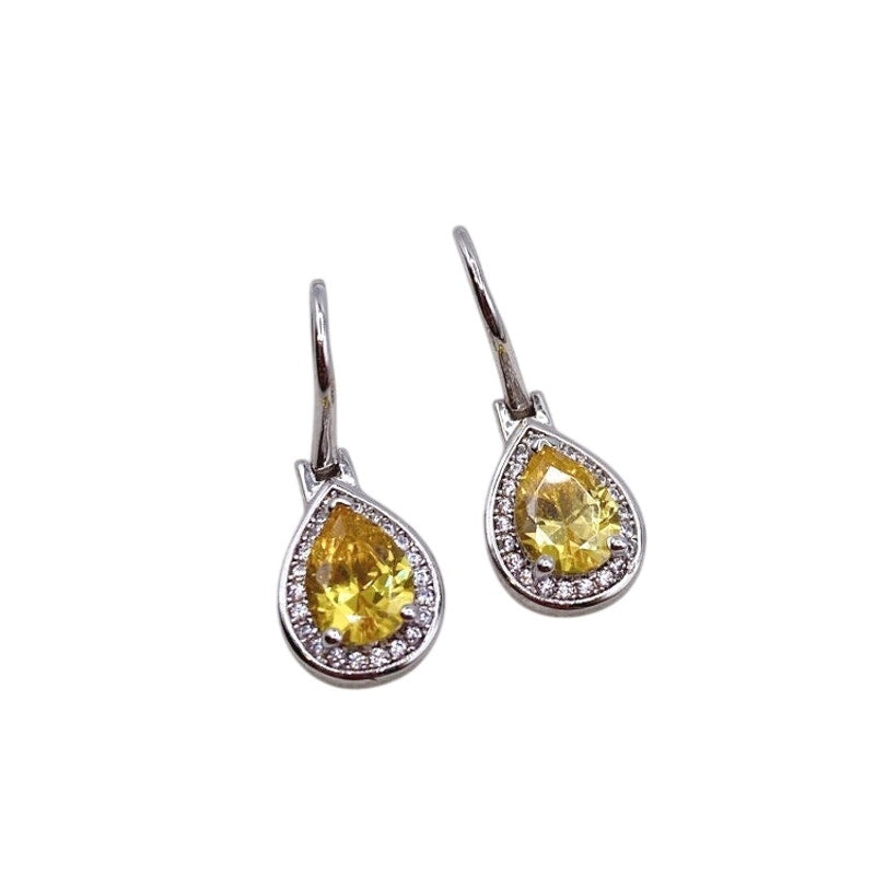 Sterling Silver Earrings with Dangling Citrine Cubic Zirconia Tear Drop 1cm