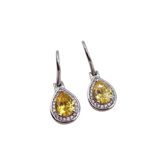Sterling Silver Earrings with Dangling Citrine Cubic Zirconia Tear Drop 1cm