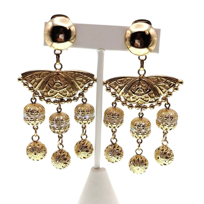Vintage Brass Clip On Statement Butterfly Chandelier Earrings with AB Beads
