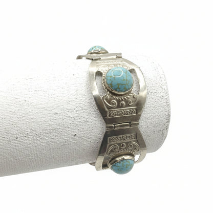 Hecho en Mexico Sterling Silver And Faux Turquoise Vintage Hinged Bracelet 7”