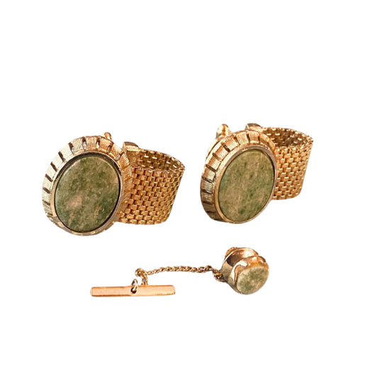 Dante Set-Golden Green Jade Cufflinks and Tie Tack Set