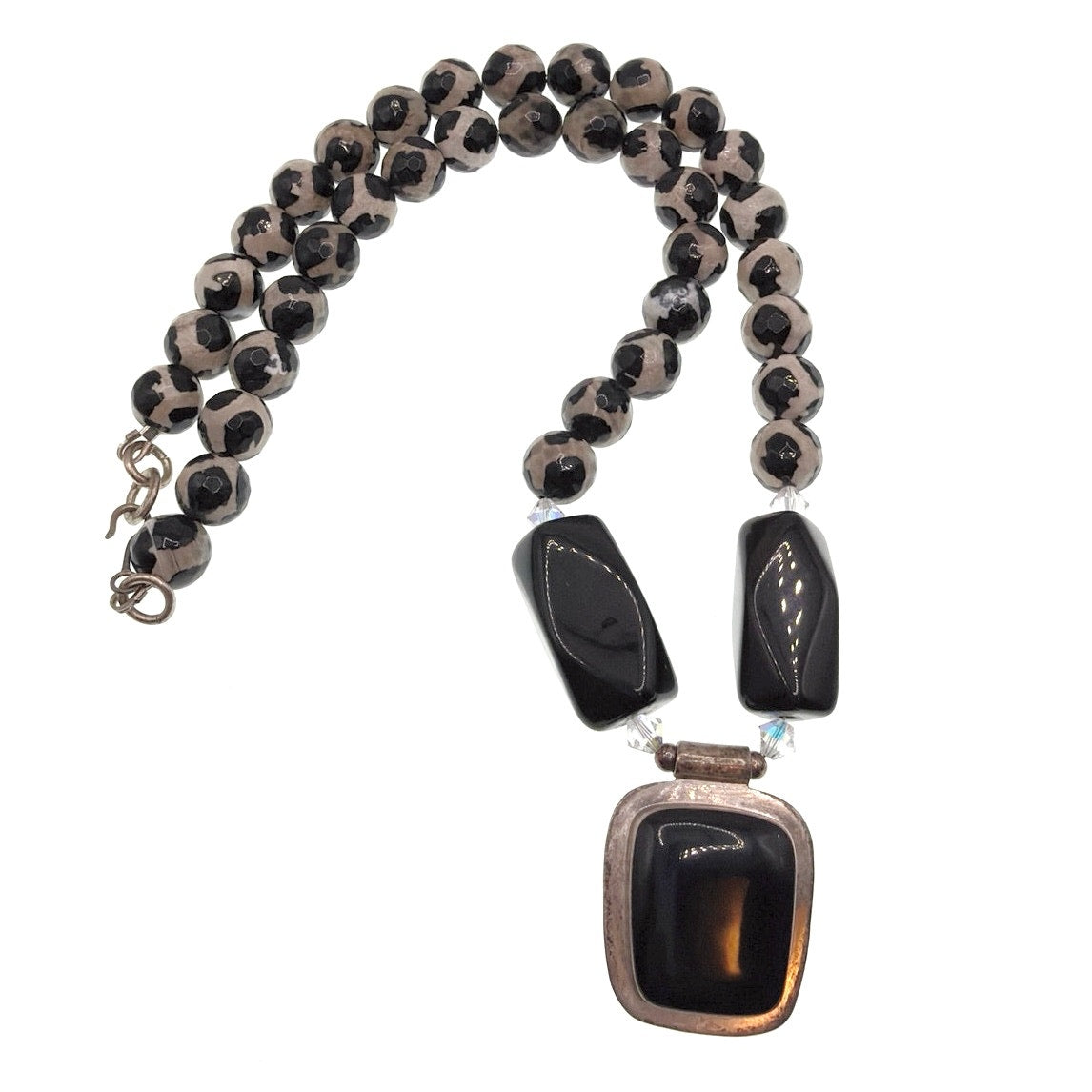 ATI Sterling Silver Mexico Onyx and Tibetan Agate Dzi Beads Necklace 20”