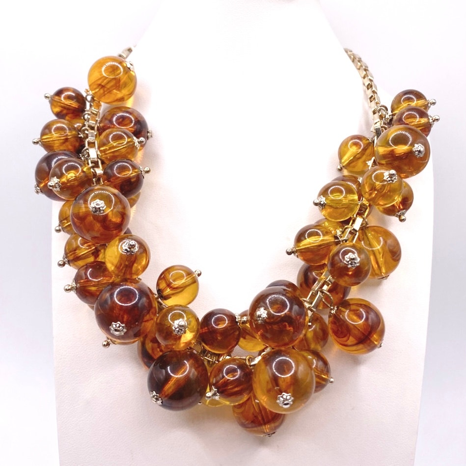 Ann Taylor Vintage Amber Lucite Beads Cha Cha Necklace 17”