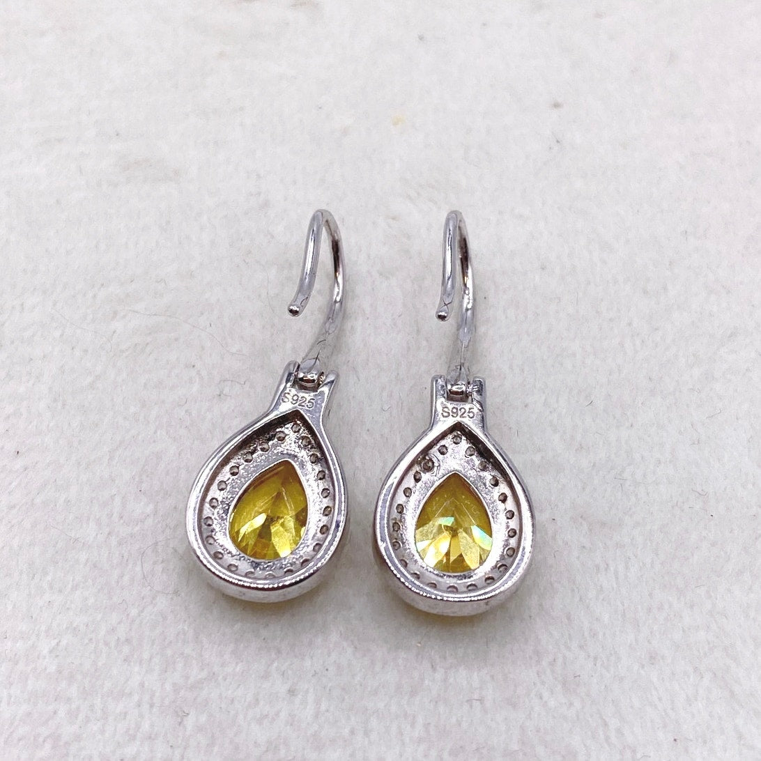 Sterling Silver Earrings with Dangling Citrine Cubic Zirconia Tear Drop 1cm