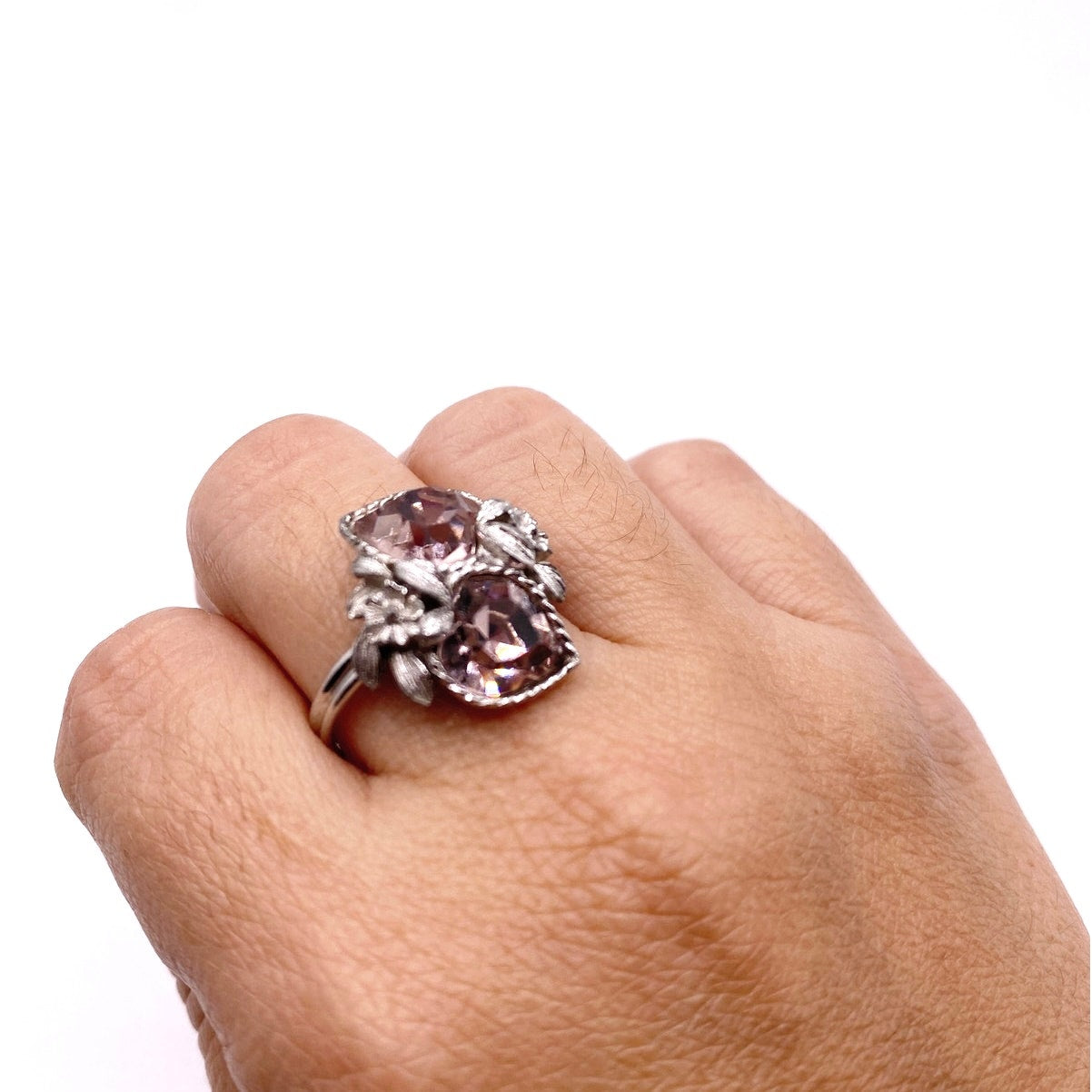 Sarah Coventry Vintage Pink Sweetheart Rhinestones Adjustable Ring 7”