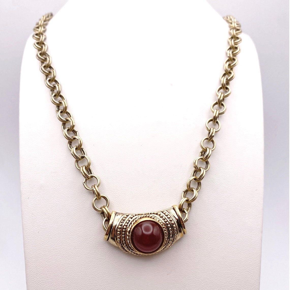 Roman Signed Vintage Pendant With Carnelian Stone and Long Gold Tone Necklace