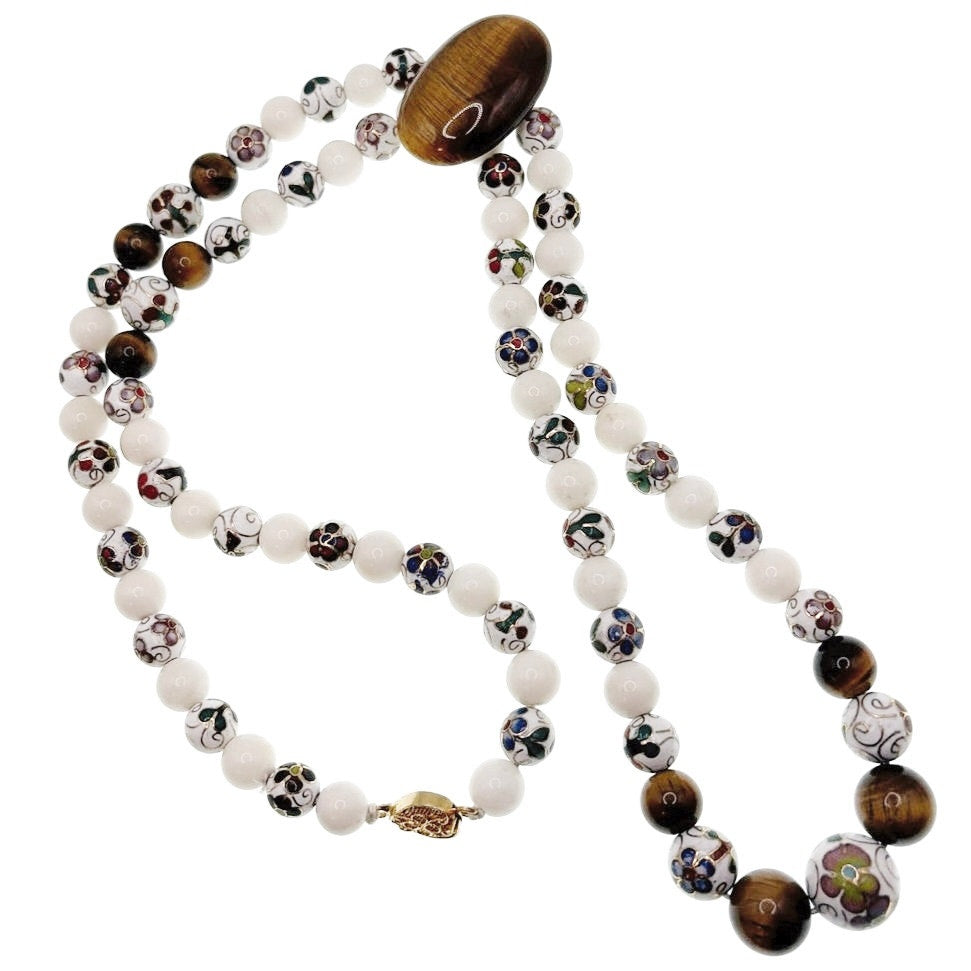 Jadeite Cloisonné and Tiger Eye Vintage Chinese Necklace 36”