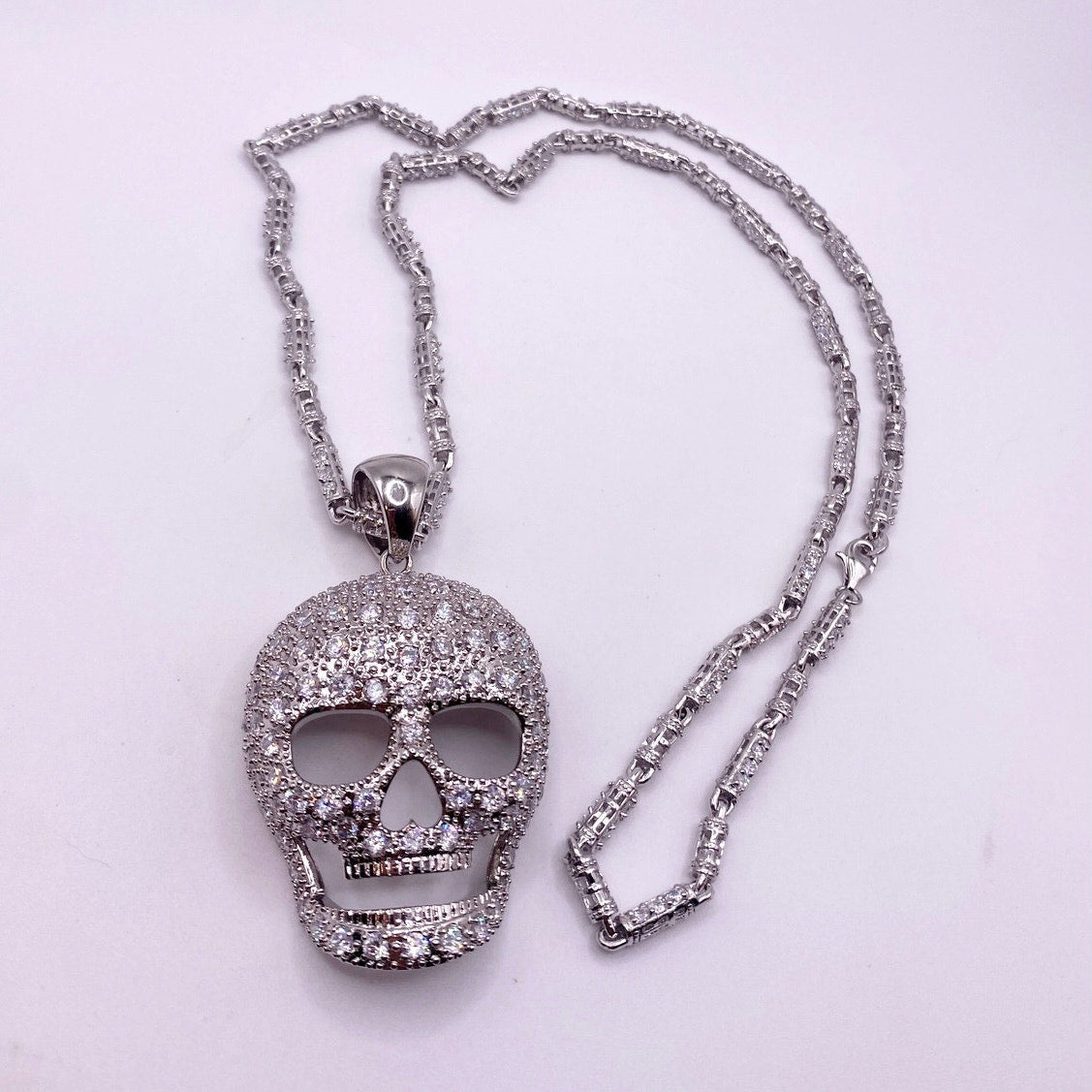 Sterling Silver Full Cubic Zirconia Skull Face Pendant and Necklace 28" long