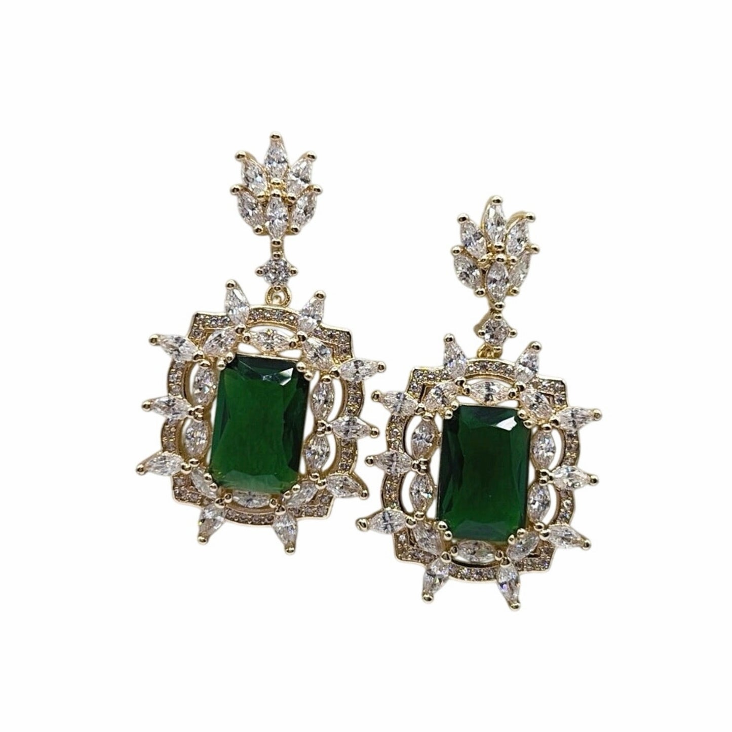 Gold Plated Cubic Zirconia Green Emerald Stone Dangling Earrings 1” Long