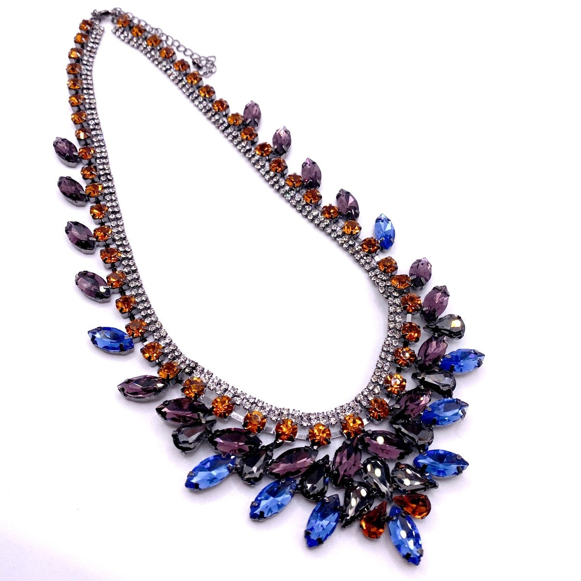 Full Rhinestones Statement Necklace Gunmetal Tone and Blue Orange Purple 18”