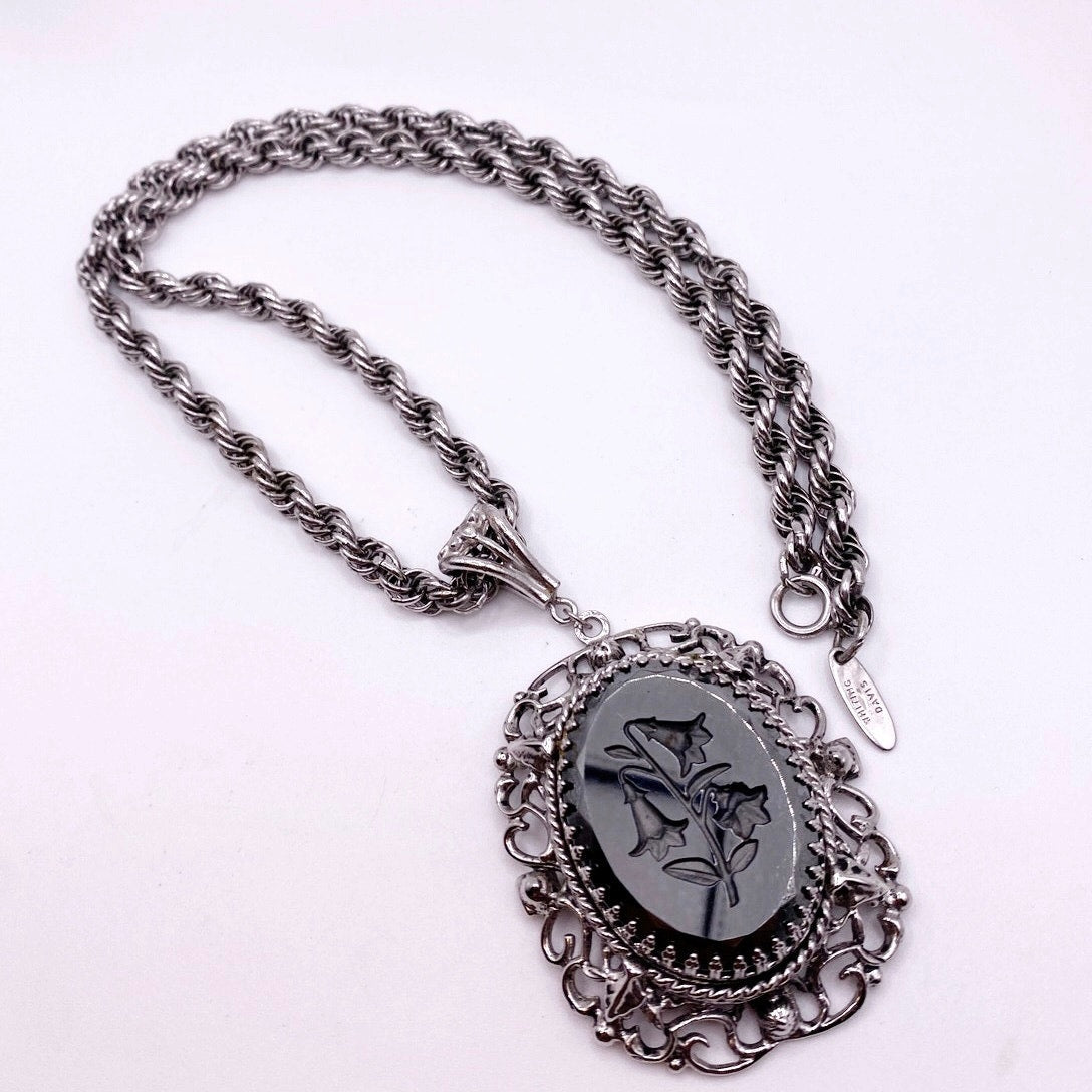 Vintage Whiting Davis Hematite Floral Reverse Cameo 22”