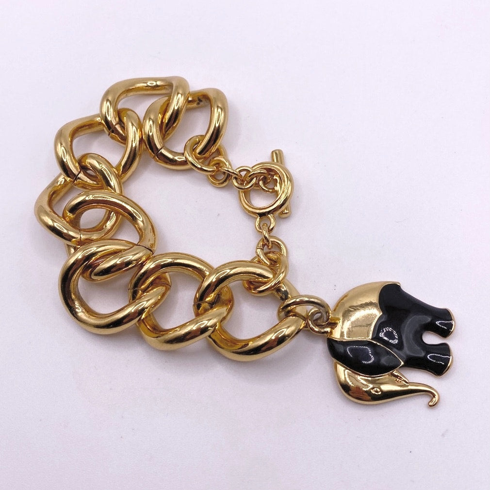 Trina Turk Vintage Chunky Links Bracelet Gold Tone Elephant Charm 8”