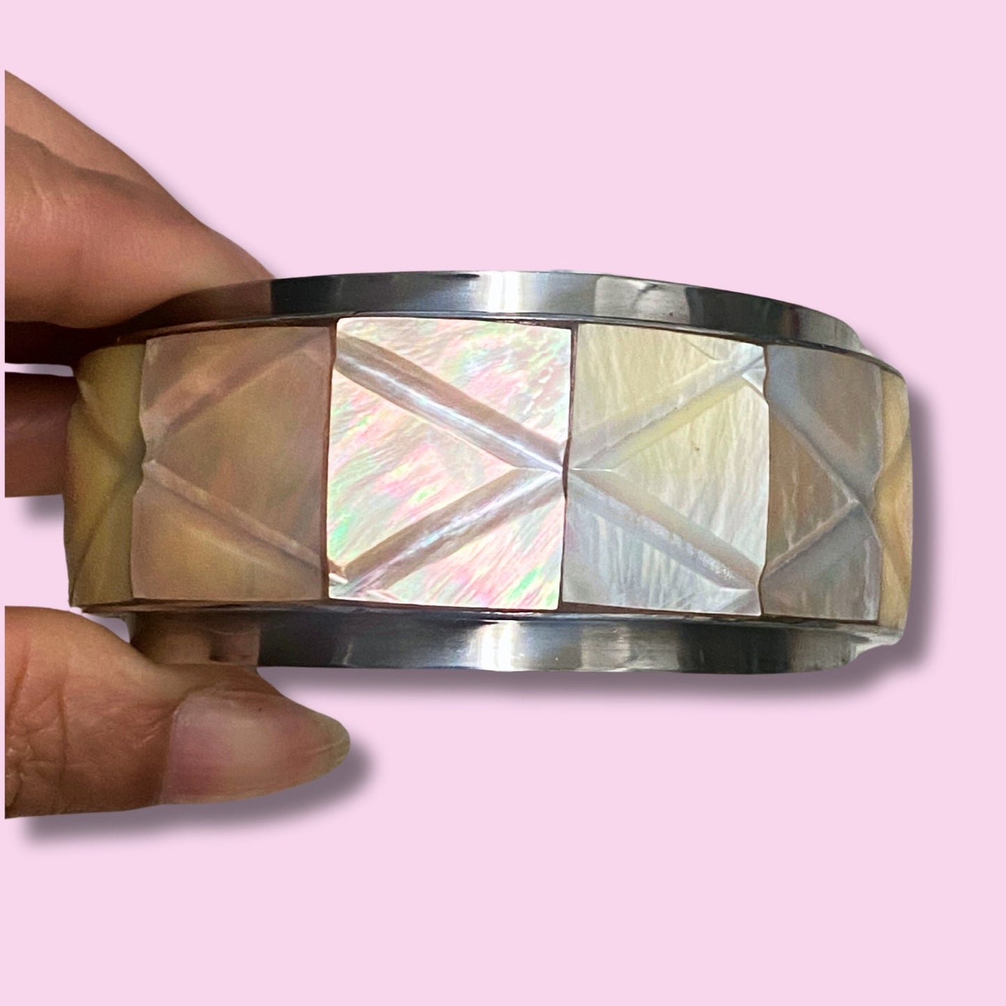 Vtg Mother of Pearl Carved Cuff Bracelet