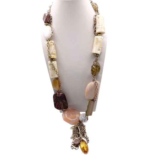 Vintage Multi Gemstones Chunky Necklace: Quartz Amber Tagua Nut and Uranium Glass Pendant 24”