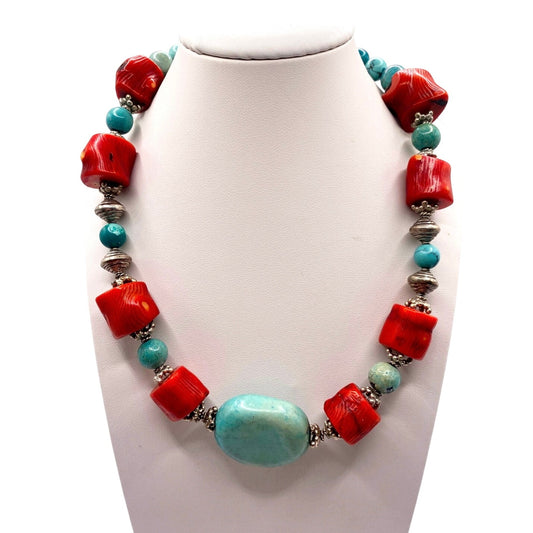 Sterling Silver Turquoise and Red Coral Choker Necklace 15”