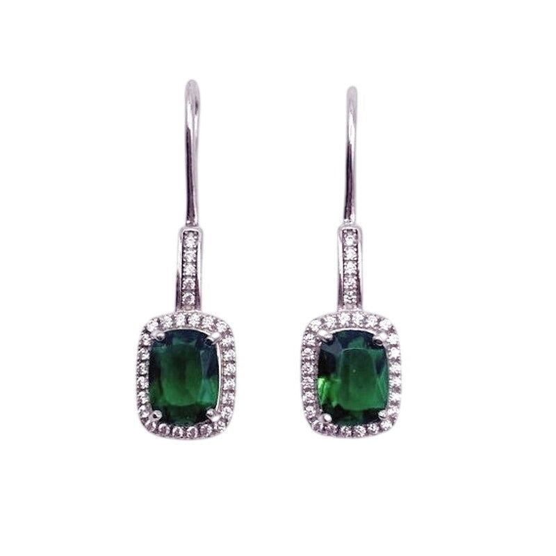 Green Crystal Sterling Silver Vintage Hook Earrings Cubic Zirconia