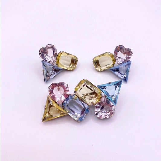 Vntg Molded Glass Stones in Shapes Heart Triangle Rectangle Earrings and Brooch