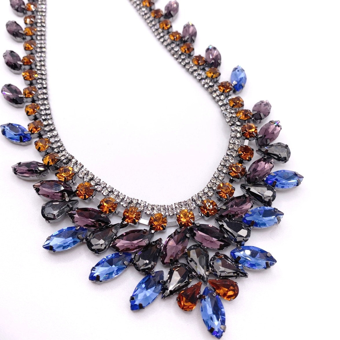 Full Rhinestones Statement Necklace Gunmetal Tone and Blue Orange Purple 18”