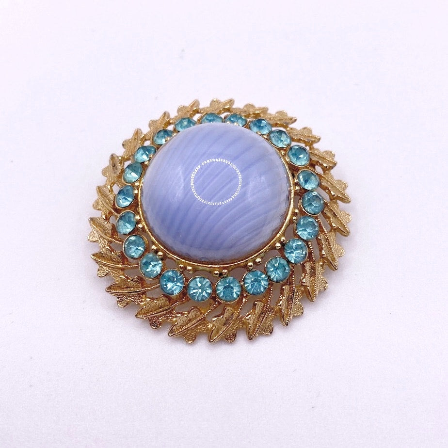 Vintage Vintage Blue Marbled Domed Art Glass & Blue Rhinestones Pin Brooch 2”
