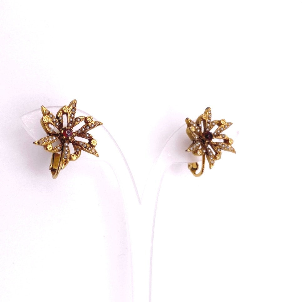 Vendome Flowers Clip On Earrings with Screw Red Center Rhinestone