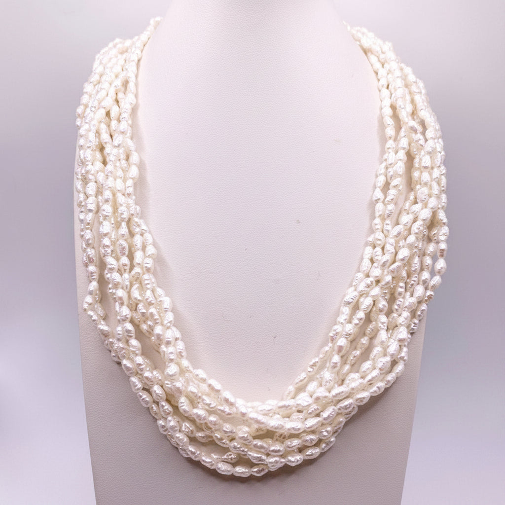 PJS Signed and 14K Closure Vintage Rice Mother of Pearl Multilayered Necklace 16”