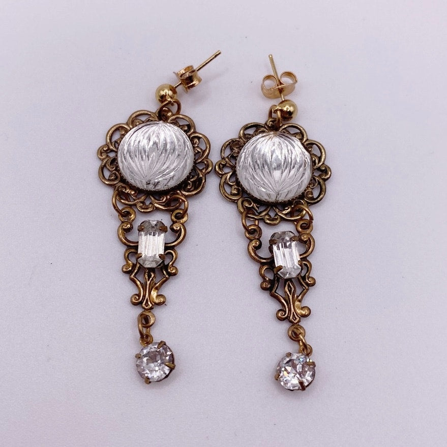 Vntg Dangling Earrings Filigree Brass with White Rhinestones and Glass Stones