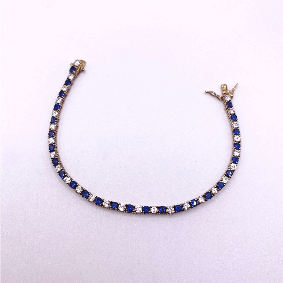 Vintage Sterling Silver Gold Vermeil 925 Bracelet Blue and White CZ 3mm Size 7”
