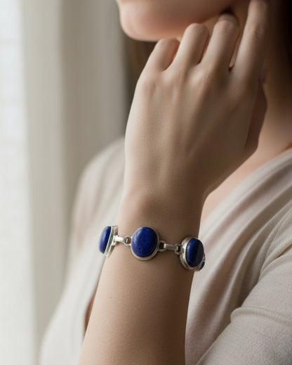 Sterling Silver and Lapis Lazuli Cabochons Bracelet Adjustable 7.5