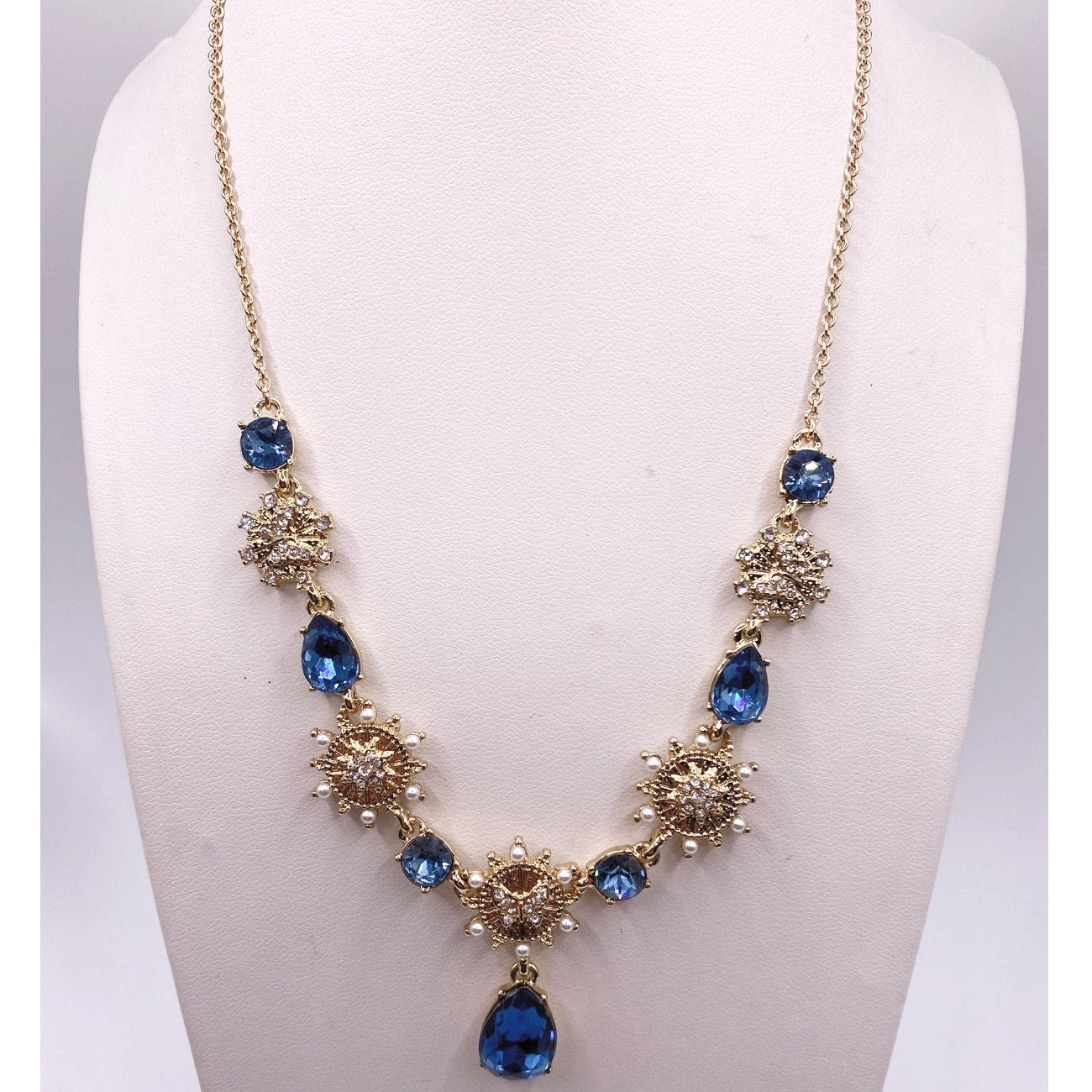 Marchesa Signed Blue Rhinestones Collar Necklace Adjustable 20"