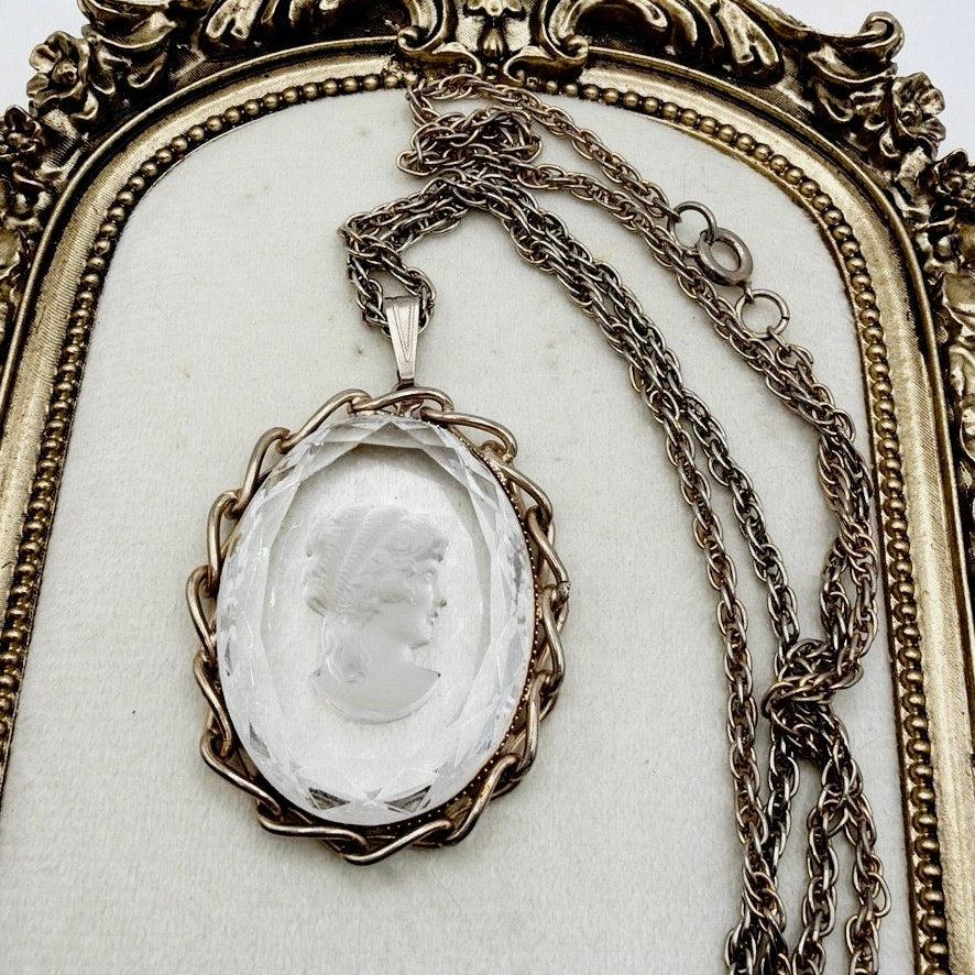 Vintage White Clear Intaglio Glass Cameo Pendant 2" On Large Necklace 22"