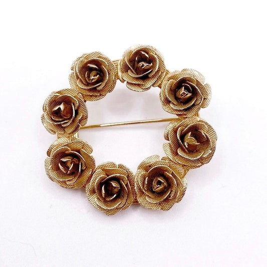 Vintage Mesh Metal Flower Crown Brooch Gold Tone Filigree