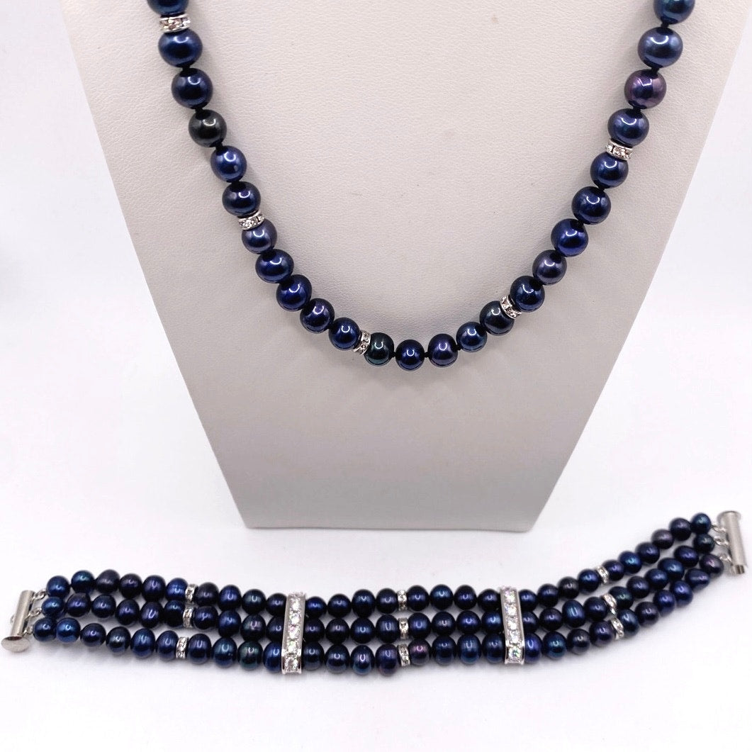 Danbury Mint Midnight Spell Cultured Pearls 925 Silver Set Bracelet and Necklace
