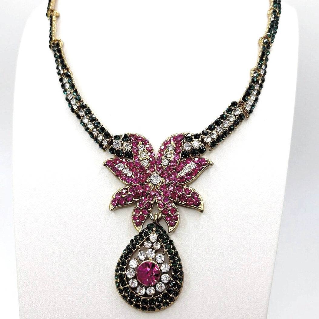 Vintage Full Rhinestones Floral Collar Necklace 17”