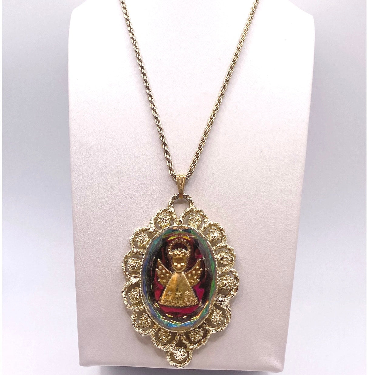 Vintage Glass Angel Intaglio Cameo Chrome Pendant 2" and Necklace 22” long