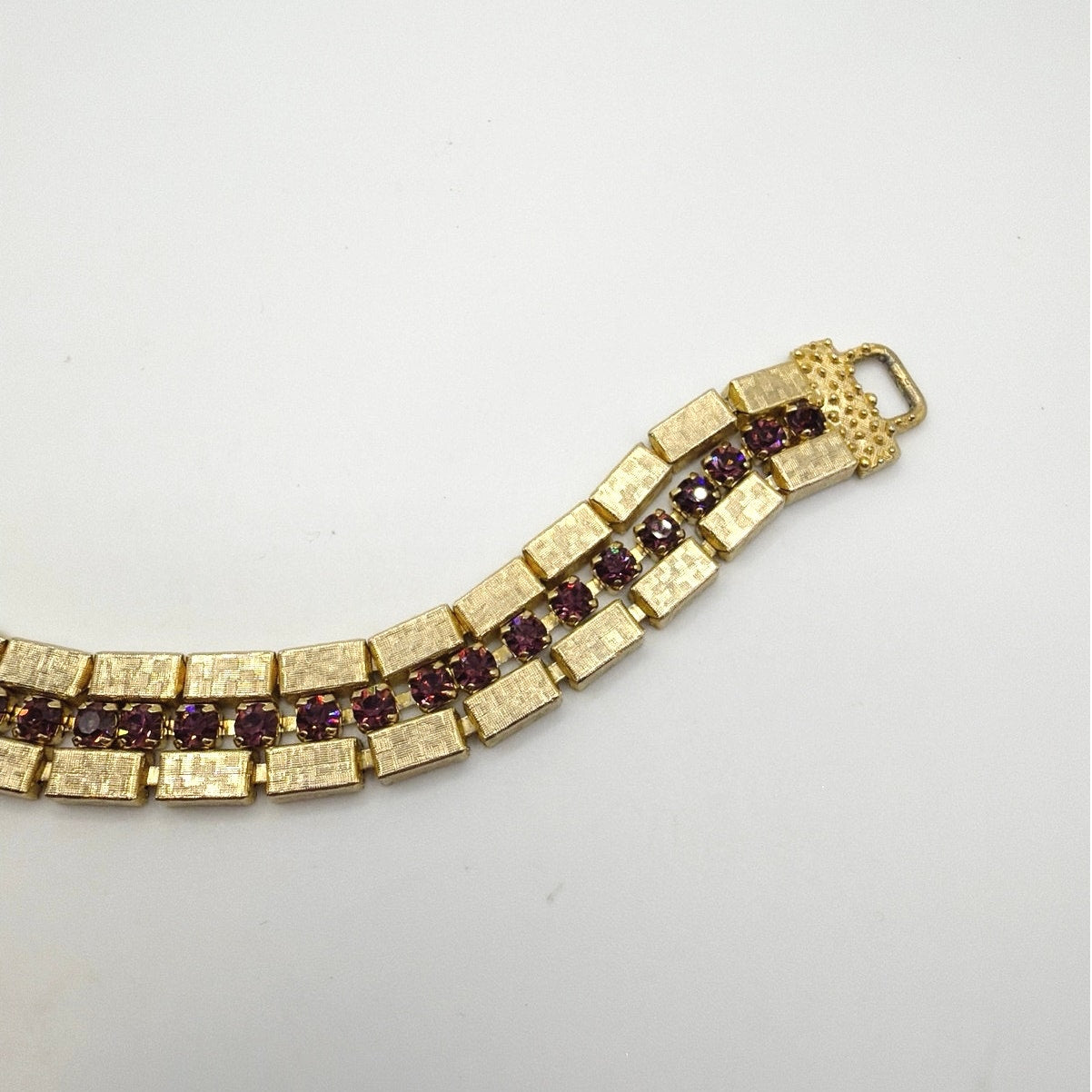 Retro Midcentury Bracelet Gold Tone Boxes Links and Purple Rhinestones 7”