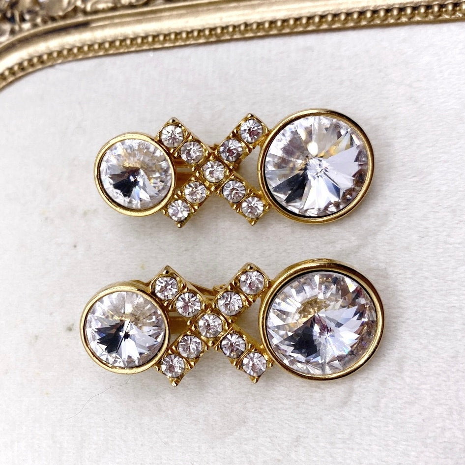 Vintage Clip On Earrings Ravioli White Stones and Rhinestones Gold Tone