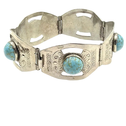 Hecho en Mexico Sterling Silver And Faux Turquoise Vintage Hinged Bracelet 7”