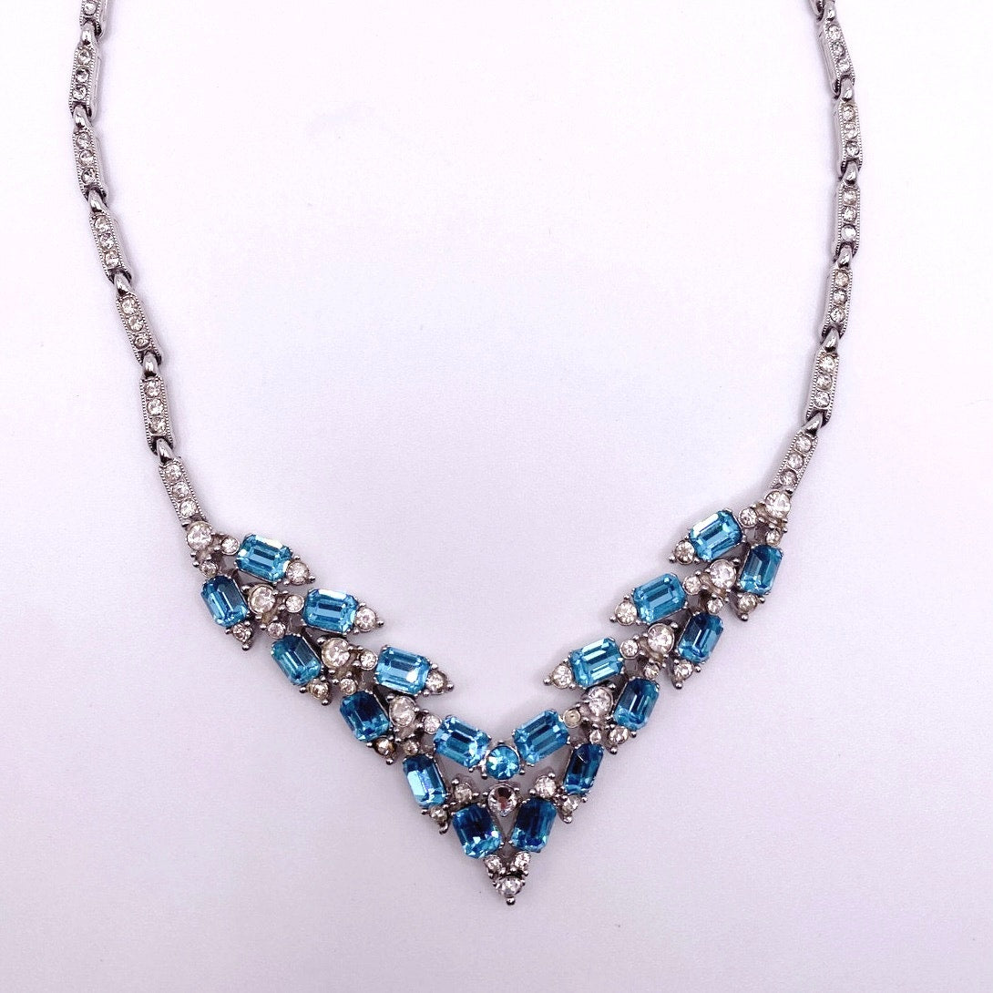 Bogoff Signed Vintage Necklace with Blue and White Rhinestones