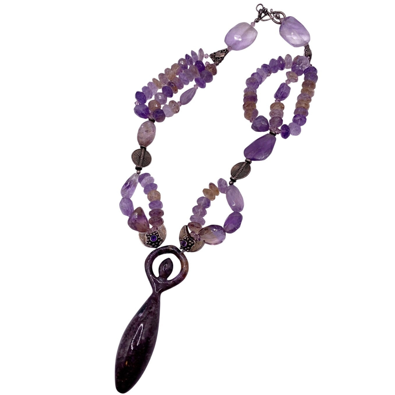 Amethyst Crystals Vintage Necklace with Agate Stone Carved Pendant 18”