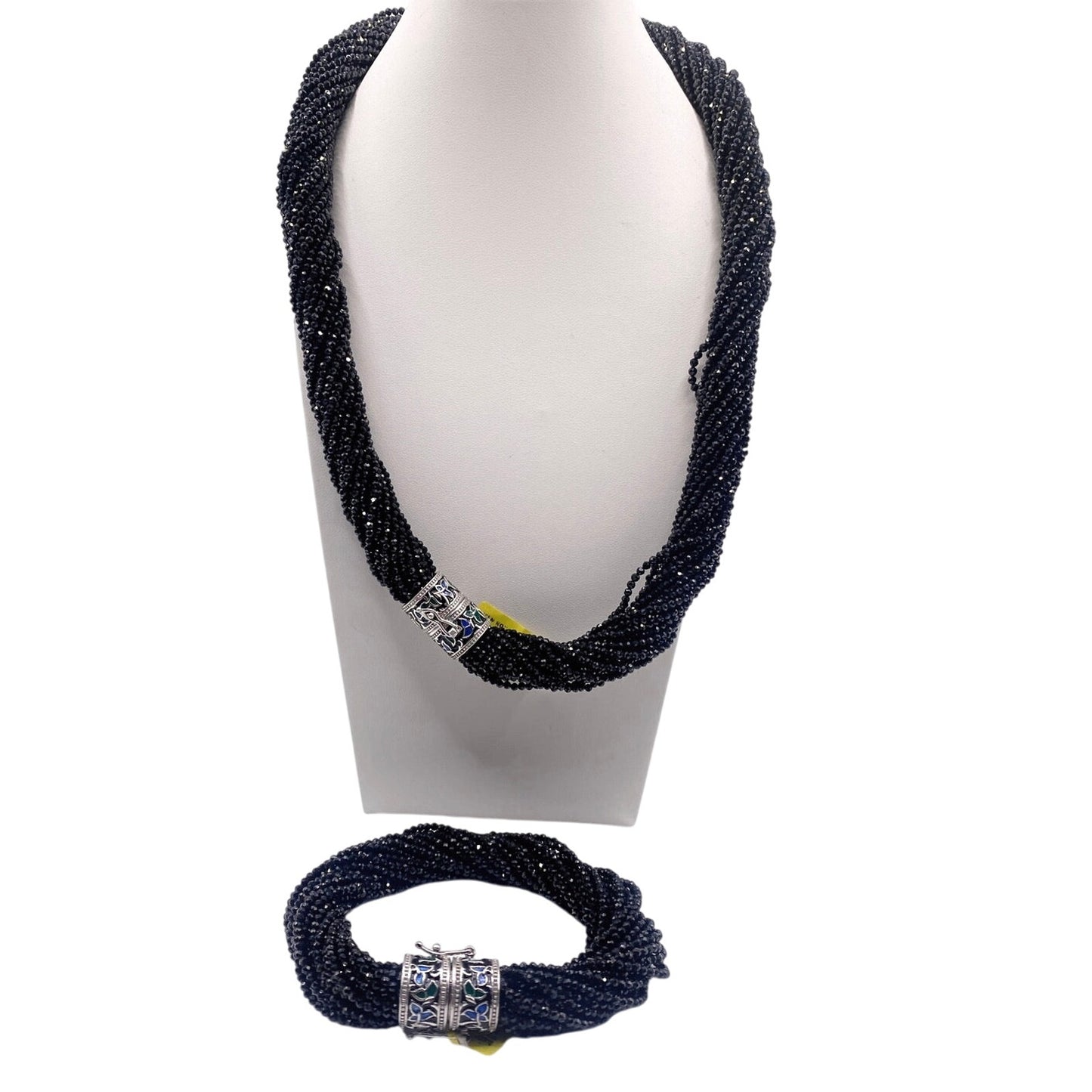 Black Onyx Seed Beads Spinel Necklace and Bracelet Set Sterling Silver Closure